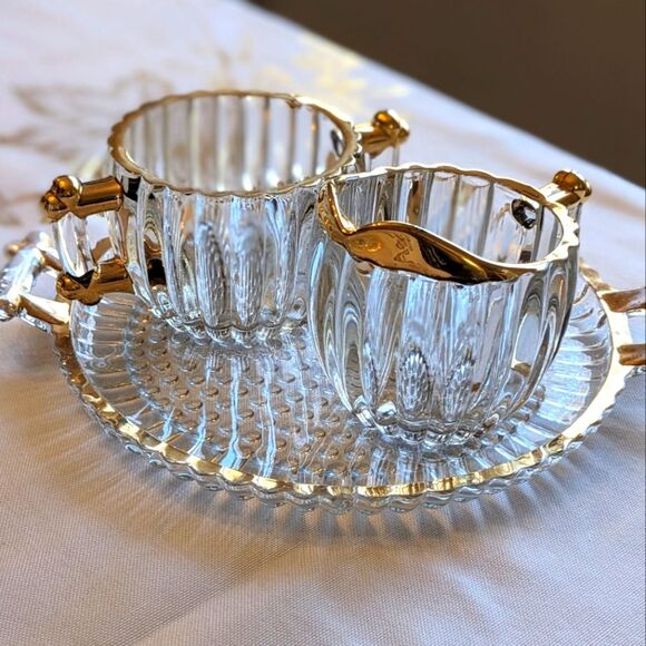 Vtg Jeannette Glass Creamer Sugar Bowl & Serving Tray Set Ribbed Gold Bubble - Picture 14 of 16